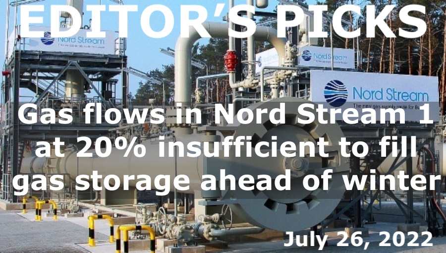 bne IntelliNews Editor's Picks --  Gas flows in Nord Stream 1 at 20% insufficient to fill gas storage ahead of winter